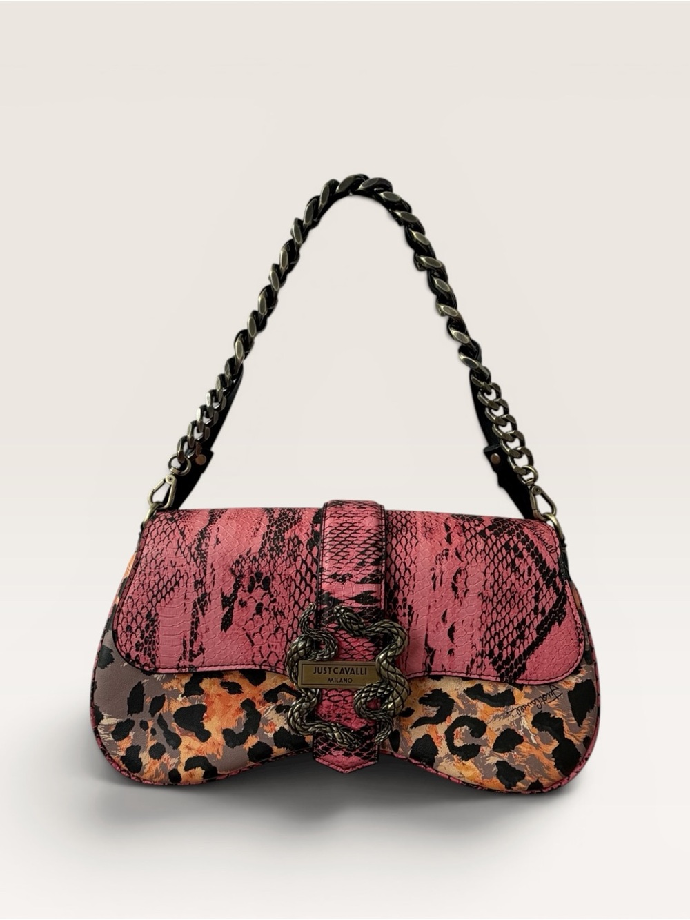 Just Cavalli Pink Python Leopard Print Chain Shoulder Bag